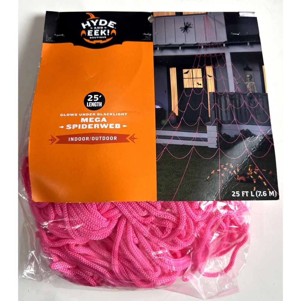 Hyde & Eek Pink Spiderweb Mega 25ft Glows Under Black Light Halloween Decor